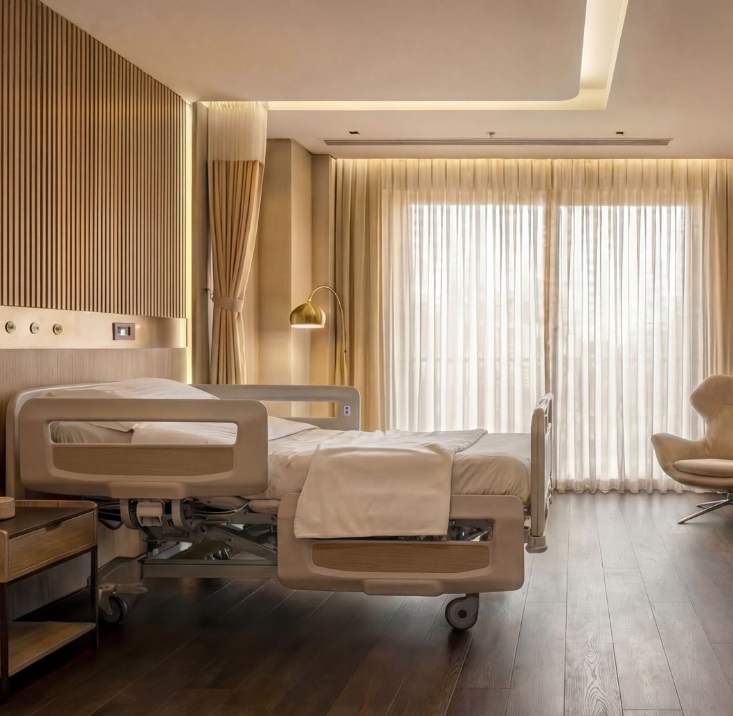 Cameră de rezident cu pat medical și fotoliu pentru vizitatori