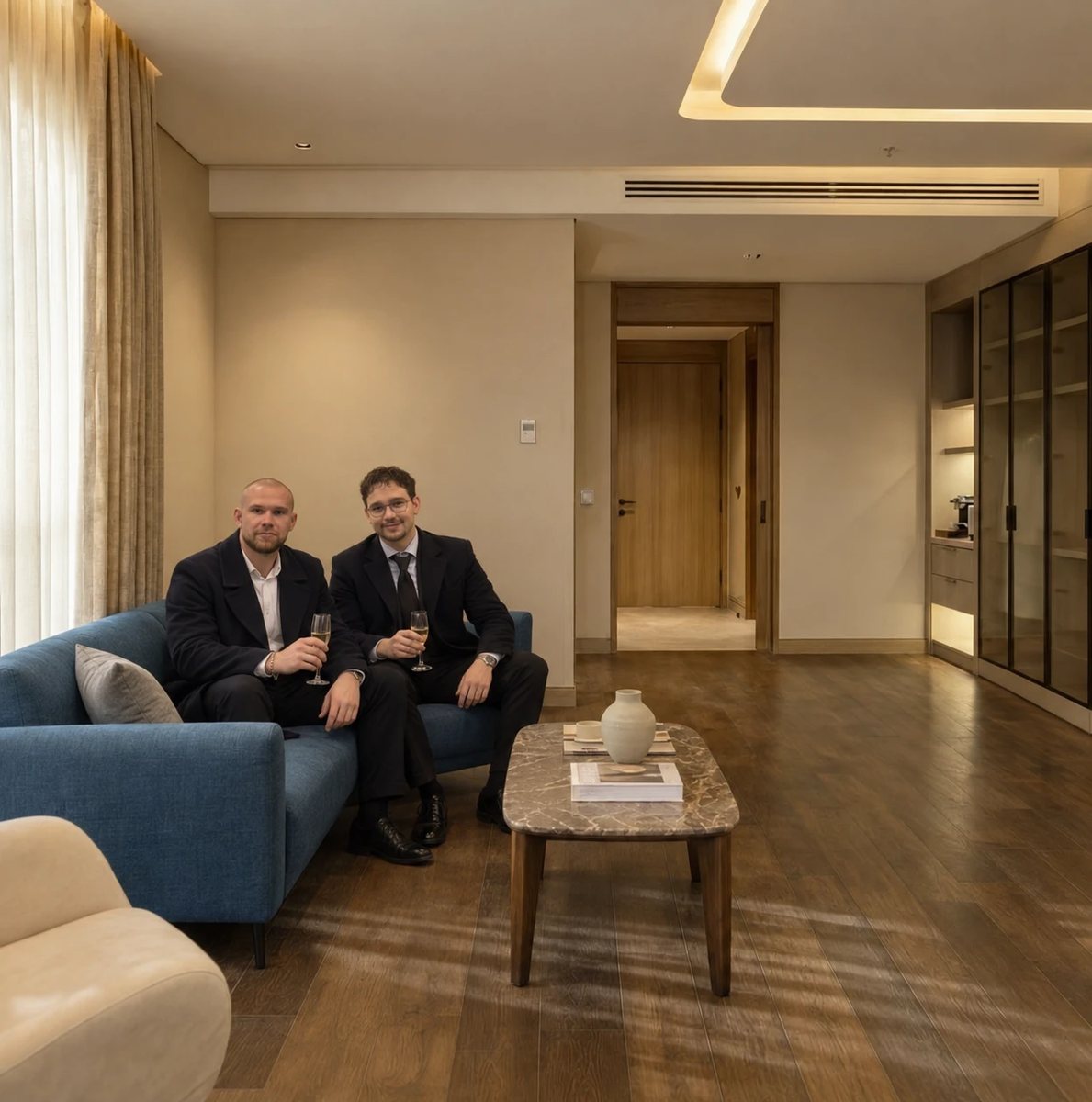 Co-fondatorii Carpasia, Paul și Sebastiano, într-o cameră amenajată cu canapea albastră și măsuță de cafea